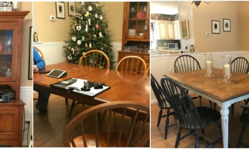 Older Ethan Allan dining room set painted with Annie Sloan Chalk Paint. Table surface has been sanded and finished with a weathered wood finish sealed with clear & dark wax. Table base is painted custom mix Creamy White, sealed with clear and dark wax, then lightly distressed. Hutch and chairs are painted Annie Sloan Chalk Paint in Graphite sealed with clear wax.
