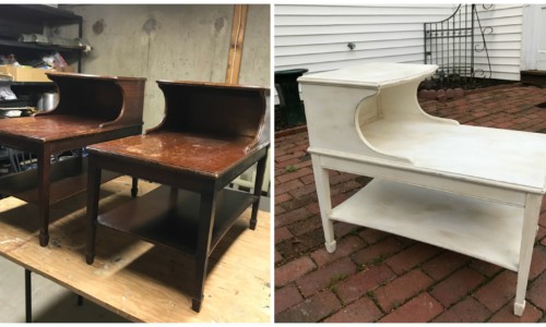 Antique end tables painted with Annie Sloan Chalk Paint in Pure White then lightly distressed and sealed with clear and dark wax for protection.