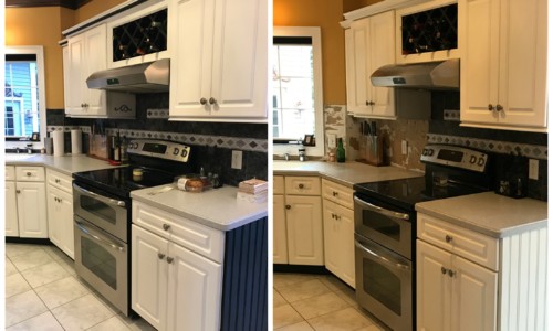 Kitchen cabinets painted with Annie Sloan Chalk Paint with custom mix Pure/Old White and sealed with clear wax for protection.