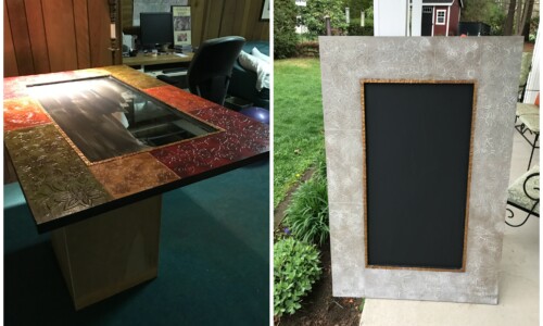 This mirror was restyled into a chalkboard which can used with any decor. Painted with Annie Sloan Chalkpaint in French Linen and whitewashed. Sealed with clear and dark wax for protection.