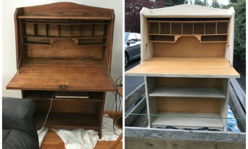 Antique oak secretary desk painted with Annie Sloan Chalk Paint in Pure White (exterior) and Arles (interior) sealed with clear and dark wax.