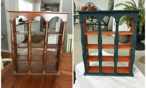 Vintage maple wall shelf painted with Annie Sloan Chalk Paint in Aubusson Blue and Barcelona Orange. Sealed with clear and dark wax.