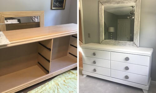 This blonde beauty dresser has modern features that needed a fresh new style, with paint in a soft white. To elevate the light color, we paint distressed the existing wooden knobs and bamboo mirror, and applied a blend of metallic waxes in sliver, copper and gold, to add interest below and above this piece, and brings a new design element to the room.