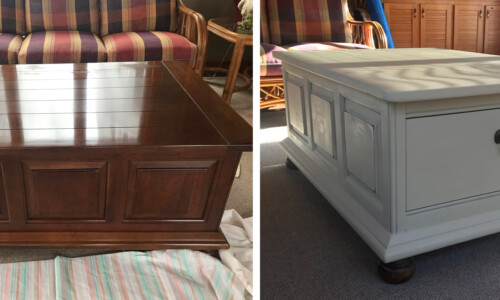 Before: this boxy coffee table was moved from another room and needed new light in the sunroom.
After. A fresh coat of Old Ochre distressed and finished with a lacquered finish will endure those parties in the sunroom! medium/dark brown coffee table with storage drawers painted white before and after comparison