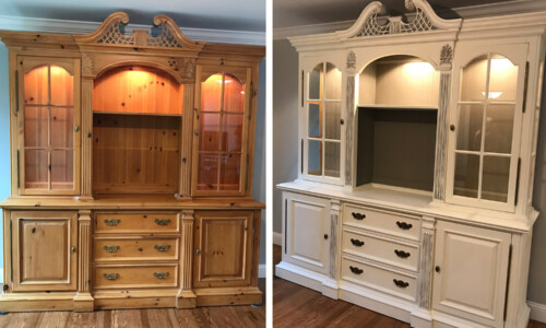 Before: Beautiful 1900’s Reproduction Pine Hutch was previously used as bookcase in a family room of their antique colonial home.
After: Restyled for its new home this piece has been repurposed as a dining room hutch that will blend with the newly renovated kitchen cabinets. Think of the function this piece can offer when you design a home with an open concept.