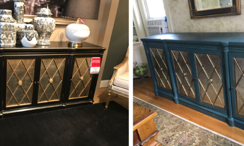 Before: The client had purchased this exact black lacquer buffet 10 years ago from Ethan Allen.
After: Drawing color from abstract art work, a custom color of Aubusson Blue and English Yellow was used to paint the buffet adding a pop of color to this new room. The gold fretwork on the cabinet doors matches the custom metallic finish of the chandelier and sconces. black Ethan Allen buffet painted blue-green before and after comparison