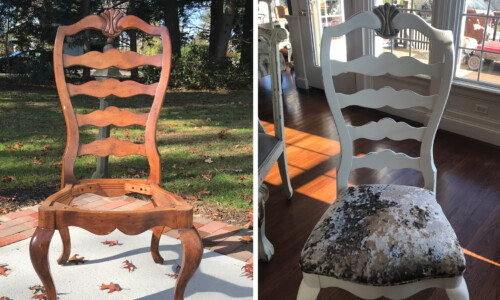 Before: French Country Ethan Allen dining chair waiting to be transformed with a lighter finish and elevating the design detail.
After: Wow! What a fun modern farmhouse vibe with crushed velvet fabric, fresh white paint and metallic effects! medium brown french country farmhouse dining chair painted white with crushed velvet seat fabric before and after comparison
