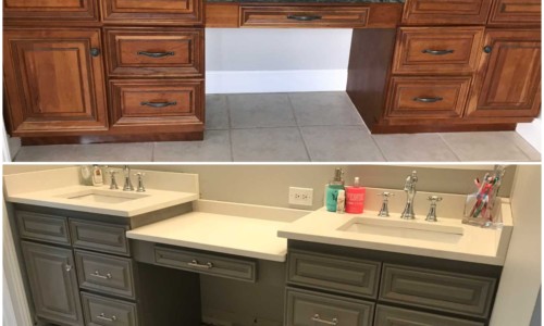 This project was all about design style change and adding a modern farmhouse feel to the entire house. The dark cabinets and granite made the master bath feel heavy. Updated with quartz countertops, flooring and hardware the color change to the vanity was an instant transformation. The vanity was painted with Annie Sloan chalk paint in French Linen and finished with clear wax for clean modern look.