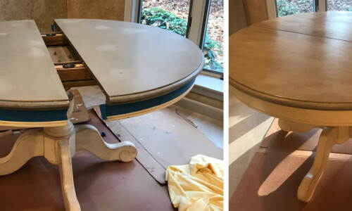 Before: French Inspired Project: The inspiration on this project was the kitchen walls finished in a stucco fresco finish reminiscent of French interior apartment my client visits for several decades. The table surface was in need of repairs and a new fresh paint finish with a Patina finish to complement the design elements of the kitchen.
After: Aged to Perfection! From blue-gray to warm brown-gray (French Linen) finished with a warm glaze gives this table a new look and finish. Tres beau! worn out blue-gray dining table refinished with a warm brown-gray before and after comparison